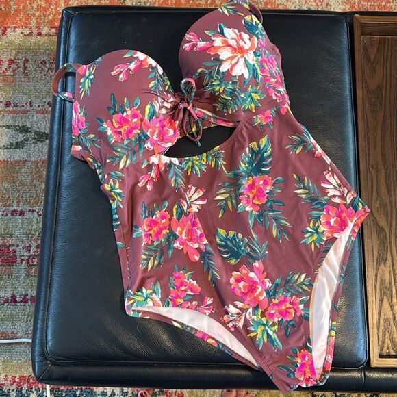 Shade & Shore Underwire Keyhole Tie Front Floral One-Piece Swimsuit 38DD - Picture 3 of 9